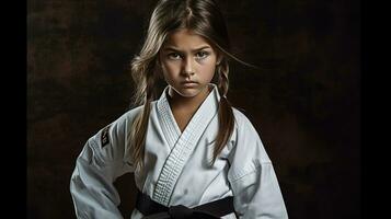 un kárate niña con negro cinturón. taekwondo. generativo ai foto