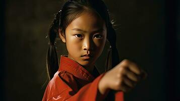 Asian girl karate martial arts. Taekwondo. Generative Ai photo