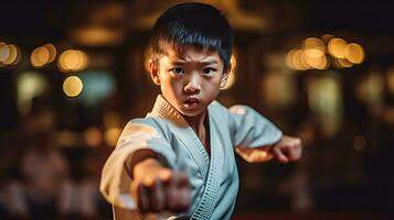 Asian boy karate martial arts. Taekwondo. Generative Ai photo