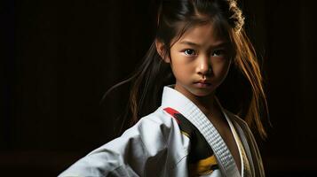 asiático niña kárate marcial letras. taekwondo. generativo ai foto