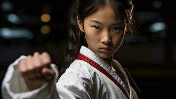 Asian girl karate martial arts. Taekwondo. Generative Ai photo