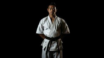 Asian karate man standing with black belt isolated on black background. Taekwondo. Generative Ai photo