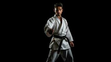 Asian karate man standing with black belt isolated on black background. Taekwondo. Generative Ai photo