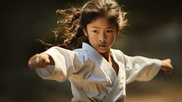 asiático niña kárate marcial letras. taekwondo. generativo ai foto