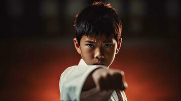 Asian boy karate martial arts. Taekwondo. Generative Ai photo