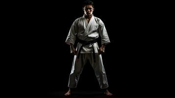 Asian karate man standing with black belt isolated on black background. Taekwondo. Generative Ai photo