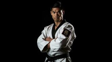 Asian karate man standing with black belt isolated on black background. Taekwondo. Generative Ai photo