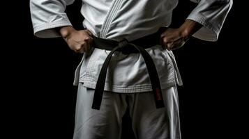 Asian karate man standing with black belt isolated on black background. Taekwondo. Generative Ai photo