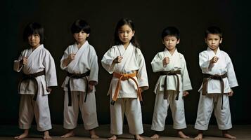 Asian kids karate martial arts. Taekwondo. Generative Ai photo