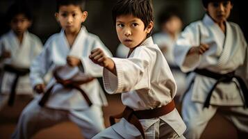 Asian kids karate martial arts. Taekwondo. Generative Ai photo