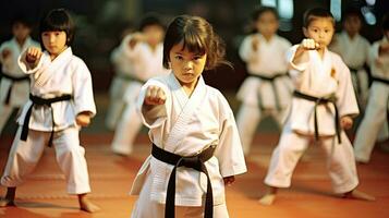 Asian kids karate martial arts. Taekwondo. Generative Ai photo