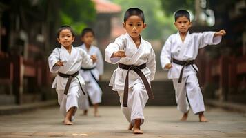 Asian kids karate martial arts. Taekwondo. Generative Ai photo