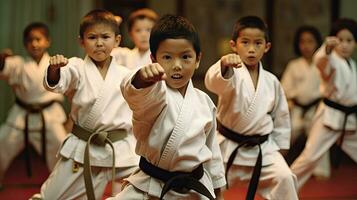 Asian kids karate martial arts. Taekwondo. Generative Ai photo