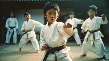 Asian kids karate martial arts. Taekwondo. Generative Ai photo