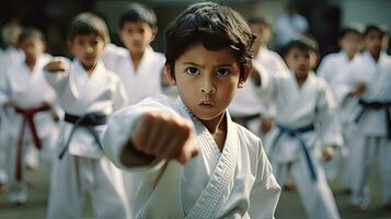 asiático niños kárate marcial letras. taekwondo. generativo ai foto