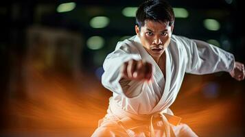 asiático hombre kárate marcial letras. taekwondo. generativo ai foto