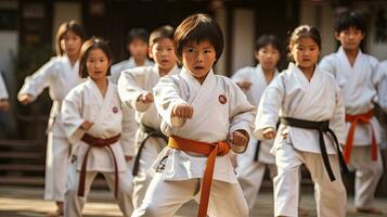 Asian kids karate martial arts. Taekwondo. Generative Ai photo