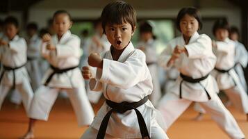 Asian kids karate martial arts. Taekwondo. Generative Ai photo