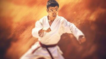 asiático hombre kárate marcial letras. taekwondo. generativo ai foto