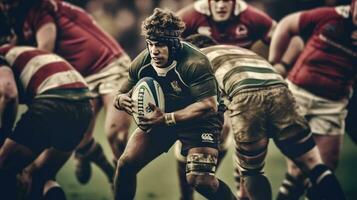 rugby jugador en posesión de el pelota y intentando a avance. generativo ai foto