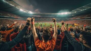 grupo de aficionados fútbol americano celebrando el éxito de su favorito Deportes equipo en el soportes de el profesional estadio. generativo ai foto