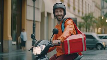 un contento sonriente entrega hombre en bicicleta casco con térmico aislado bolso montando eléctrico scooter en ciudad calle. comida envío, transporte y personas concepto. generativo ai foto