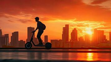 A man riding black electric kick scooter at cityscape at sunset. Generative Ai photo