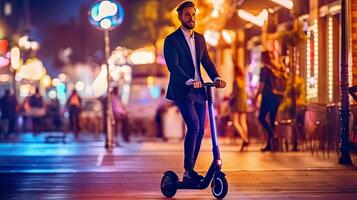 A man at night with electric scooter or e-scooter in the city, Electric urban transportation concept. Generative Ai photo