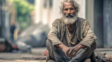 A homeless beggar man sitting outdoors in city asking for money donation. Generative Ai photo