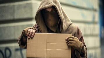un masculino mendigo en capucha demostración buscando humano amabilidad firmar en cartulina. generativo ai foto