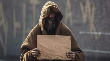 A Male Beggar In Hood Showing Seeking Human Kindness Sign On Cardboard. Generative Ai photo