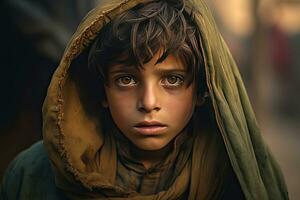 un pobre curioso hambriento huérfano chico en un refugiado acampar con un triste expresión en su cara y su cara y ropa son sucio y su ojos son lleno de dolor. generativo ai foto