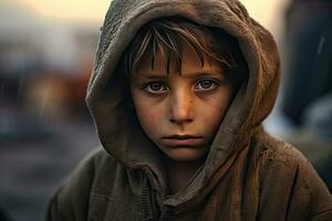 A poor staring hungry orphan boy in a refugee camp with a sad expression on his face and his face and clothes are dirty and his eyes are full of pain. Generative Ai photo