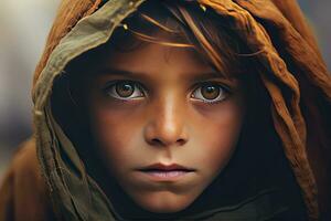 A poor staring hungry orphan boy in a refugee camp with a sad expression on his face and his face and clothes are dirty and his eyes are full of pain. Generative Ai photo