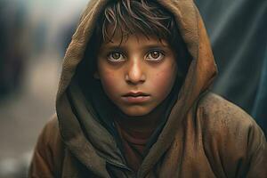 A poor staring hungry orphan boy in a refugee camp with a sad expression on his face and his face and clothes are dirty and his eyes are full of pain. Generative Ai photo