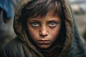 un pobre curioso hambriento huérfano chico en un refugiado acampar con un triste expresión en su cara y su cara y ropa son sucio y su ojos son lleno de dolor. generativo ai foto