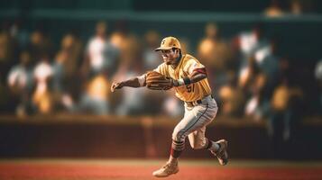 Baseball shortstop catches the ball on professional baseball stadium. Generative Ai photo