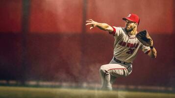 Baseball shortstop catches the ball on professional baseball stadium. Generative Ai photo