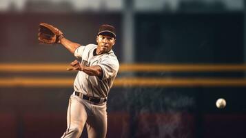 béisbol campocorto capturas el pelota en profesional béisbol estadio. generativo ai foto