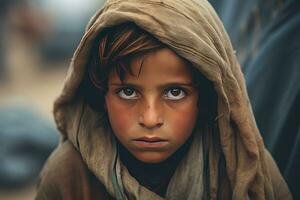 un pobre curioso hambriento huérfano chico en un refugiado acampar con un triste expresión en su cara y su cara y ropa son sucio y su ojos son lleno de dolor. generativo ai foto