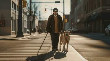 A Blind man, Guide dog helping blind man walking on street in the city. guide dog. Generative Ai photo