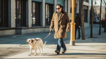 A Blind man, Guide dog helping blind man walking on street in the city. guide dog. Generative Ai photo