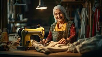 A happy female dressmaker working with sewing machine at textile factory. Generative Ai photo