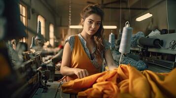 un contento joven hembra costurera trabajando en textil fábrica y de coser tela. generativo ai foto