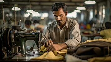 un Sastre trabajando en un Deportes bienes fabricante fábrica en India. generativo ai foto