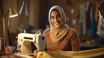 A happy young muslim fashion designer using sewing machine in her workshop. Generative Ai photo