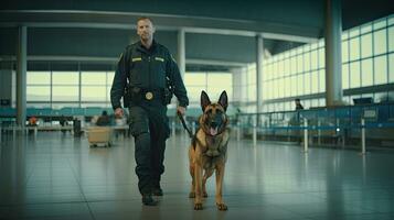 oficial con fármaco olfateando perro a el aeropuerto o tren estación, aduana o policía, equipaje inspección y inmigración controlar sobre llegada. policía perro. oledor perro. generativo ai foto