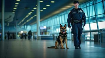 Security officer with police dog at airport. Police dog. Sniffer Dog. Generative Ai photo