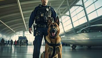 Security officer with police dog at airport. Police dog. Sniffer Dog. Generative Ai photo