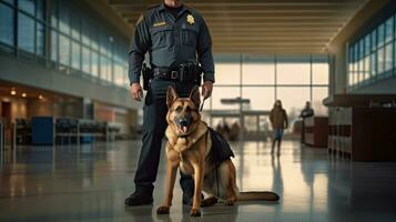 Security officer with police dog at airport. Police dog. Sniffer Dog. Generative Ai photo